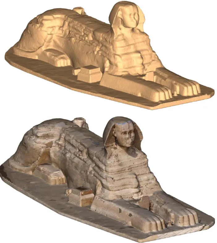 Fig. 7: Triangulated point cloud of the Sphinx combined from 7 scanner positions: 6 from the ground and one from the Cheops Pyramid, triangulated  and textured in RiSCAN PRO 1.1.2β 
