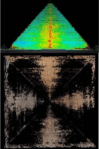 Fig. 9 shows anomalous areas, above: top view of the Cheops Pyramide  with anomalies within each side, and beneath: horizontal projection of 