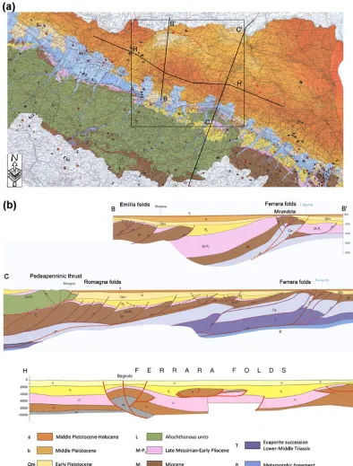 Figure 2. (a) Portion of the seismotectonic map. Black lines represent the three geological section traces
