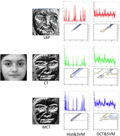 Fig. 1.The proposed method: histograms from LBP, CT andMCT are transformed by DCT. Both original histograms andtheir DCT are compared through SVM.