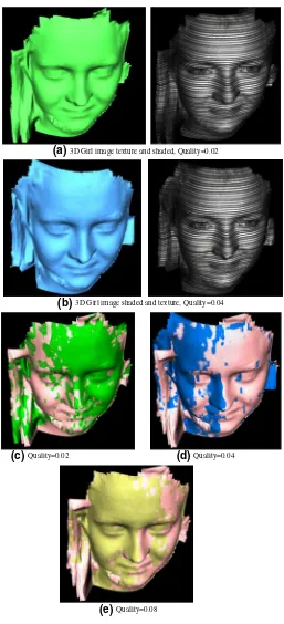 Fig. 10 a and b 3Ddecompressed girl imagewith different qualityvalues. c, d ande Differences betweenoriginal 3D girl image anddecompressed 3D girl imageaccording to qualityparameters
