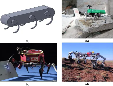Figure 2. Recent developments in hexapod design: (a) RHex basic architecture;  (b) Six-legged walking robot LAURON V from the FZI Research Center for Information Technology in Karlsruhe, Germany; (c) One configuration of the LEMUR prototype:  the front lim