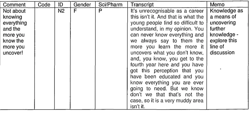 Table 4.2: Example extract of Excel sheet for analysis of interview N2