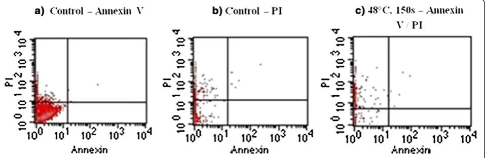 Figure 8 Cell apoptosis and cell necrosis of human mesenchymal stem cells using Annexin V and propidium iodide staining.Comparison between the unheated (control) and heated (48°C/150 seconds) groups using flow cytometry analysis: (a) control sample stained