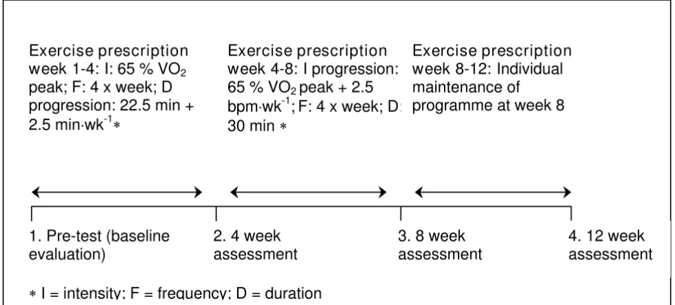 Figure 1Schematic experimental time-line of the aerobic exercise training intervention programmeSchematic experimental time-line of the aerobic exercise training intervention programme.