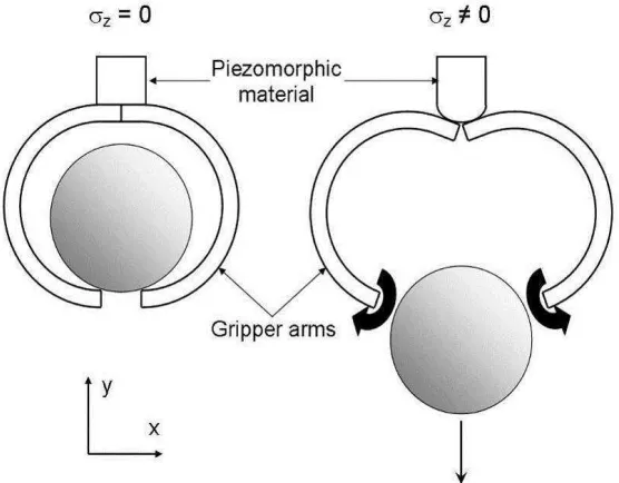 Figure 8. Gripper device incorporating piezomorphic material as an actuator element to enable opening/closing of attached gripper arms in response to stress-induced shape change of piezomorph