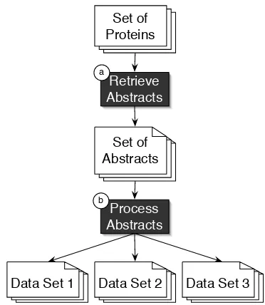 Figure 1: The workﬂow used to create data sets usedin this paper.Abstracts are gathered for proteinswith known localization (process a)