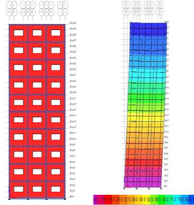 Fig 11. Model and displacement in mm of frame with 0.115 m thick infill wall with opening for 2500 kg TNT 
