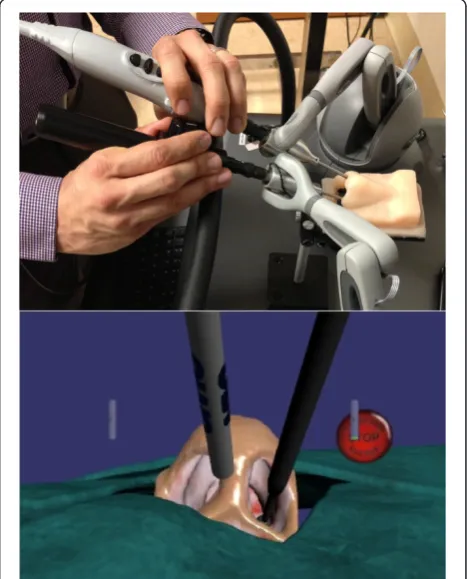 Figure 1 Hardware of the MSESS. View of the endoscope and themicrodebrider handles (above) with VR view seen on the displaymonitor (below).