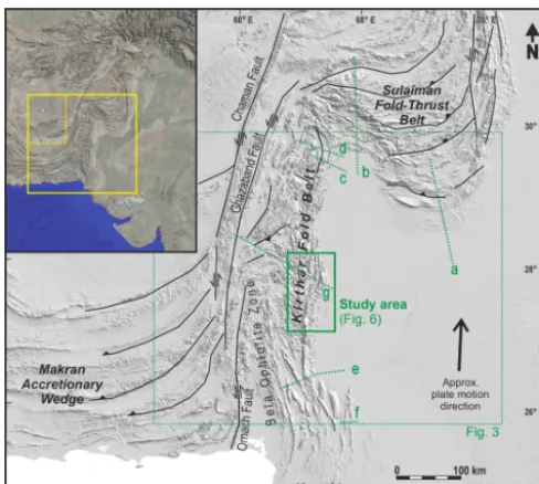 Figure 1. Simpliﬁed structural sketch of the wider Kirthar FoldBelt area on a shaded relief map