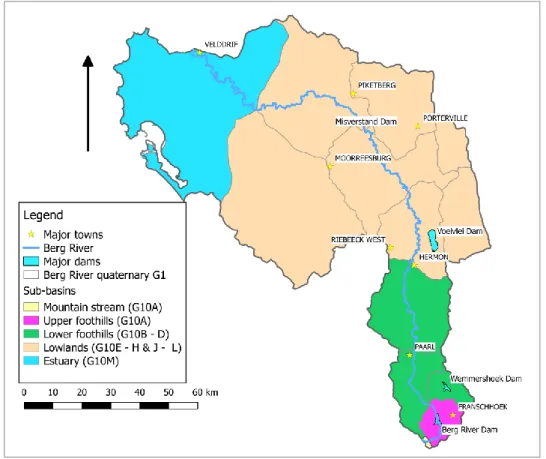 Figure 3.2  Geomorphological  zones  of  the  mainstem  Berg  River,  and  the  sub- sub-basins that feed each zone 