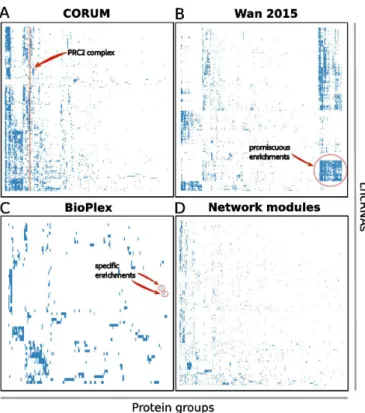 Figure 4. Interactions between lncRNAs and protein groups. Boolean ma- ma-trix representing enrichment between lncRNAs and protein groups on (A) non-redundant CORUM, (B) Wan 2015, (C) BioPlex and (D) Network modules