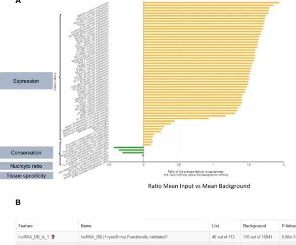 Figure 3. Results from Gene Set Feature Comparison analysis of CLC (A) Graphical results displaying features that are significantly different between CLC and background lncRNAs (FDR < 0.05)