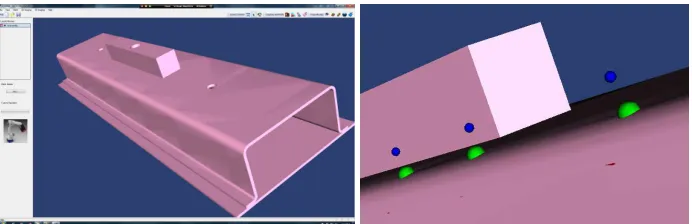 Fig. 1. Left: the 3D Striper MARWIN interface with a loaded CAD model. Right,welding control points selected through mouse clicks.