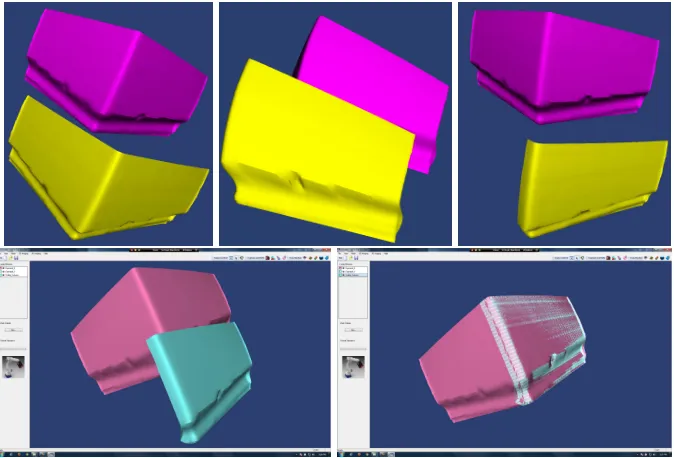 Fig. 4. Visibility constraints and registration. Top row (left and middle): model is re-oriented to display desired surface; (right): hidden surfaces are removed from a selectedmodel