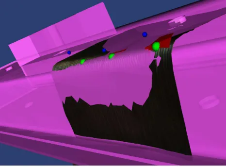 Fig. 5. Control points originally deﬁned on the CAD model (magenta) are translatedalong the vector u to the surface of the scanned model.