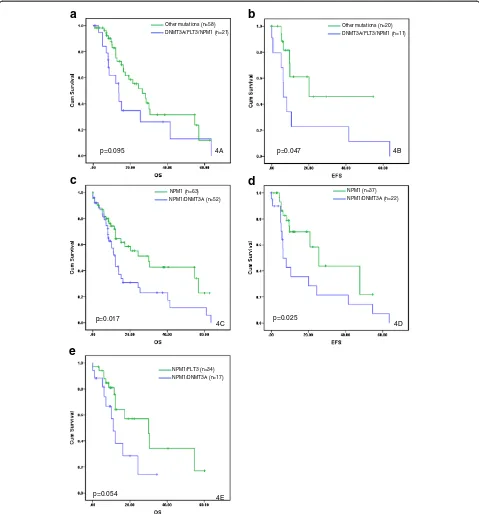 Figure 4 Survival analysis by mutation status. Overall survival (a) and event-free survival (b) of de novo acute myeloid leukemia patients youngerthan 60 years of age with concomitant mutations in DNMT3A, FLT3, and NPM1 (AMLDNMT3A/FLT3/NPM1) in comparison 