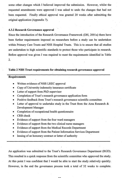 Table 2 NHS Trust requirements for obtaining research governance approval 