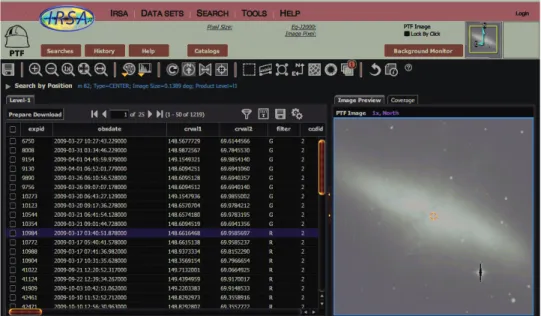 Figure 3. PTF image search/discovery, exploration, and download tool at the In- In-frared Science Archive, based on a shared toolkit also used for Spitzer and WISE.