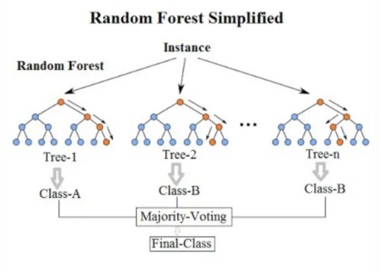 Figure 3.1: Public domain schematic of the random forest as it “votes” to determine an output class by running features down individual decision trees