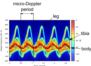 Figure 1.3: Spectrogram of micro-Doppler signal provoked by walking human. The signal is simulated by software designed in [30] with wavelength λ = 0.02 m.