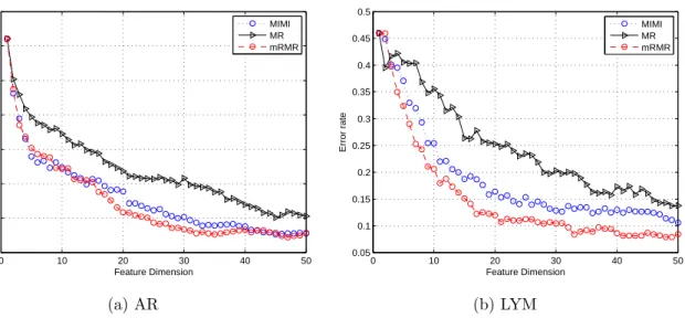 Figure 4.7: LOOCV error rate on AR (a) and LYM (b) data sets using MIMI, mRMR and MR features.
