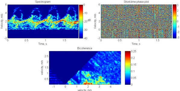 Figure 5.8: Analysis of real radar backscattered signal of the human walking. Spectrogram (top left), squared magnitude short-time Fourier transform, represents time-frequency energy  distri-bution