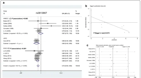 Fig. 3 Meta-analysis data of rs3813867 under the allele model. a Subgroup analysis according to the SCC type; b Egger’s test; c sensitivity analysis