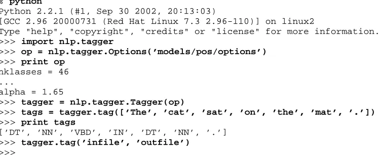 Figure 1: Calling the POS tagger interactively from the Python interpreter