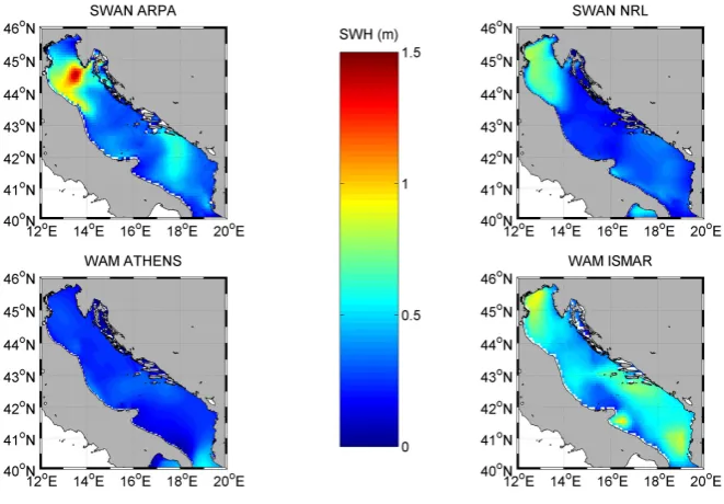 Fig. 3. Wave forecasts for 2 August 2006 at 18:00 UTC in the Adriatic Sea.