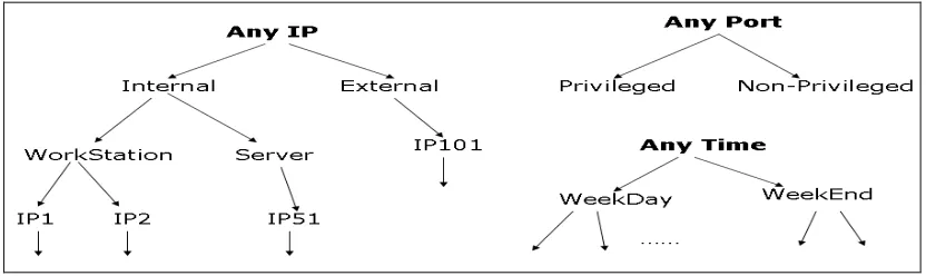 Fig. 2.  Generalization hierarchies for IP address, port and timestamp 