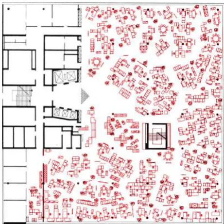 Figure 4 An early1960s  burolandschaft design combining straight desks with random positioning 