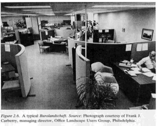 Figure 5 Burolandschaft interpreted for the USA. Note the chairs as indicators of hierarchy and activity at the desk