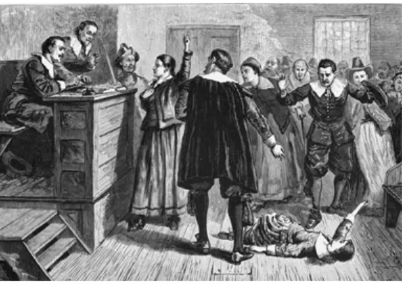 Figure 4.10 Salem Witch Trials | A witness writhes on the floor of thecourthouse at the proximity of an accused