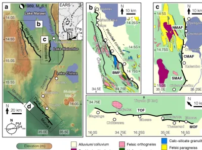 Figure 1. (a) Map of faults in southern Malawi; those used in this study are coloured black