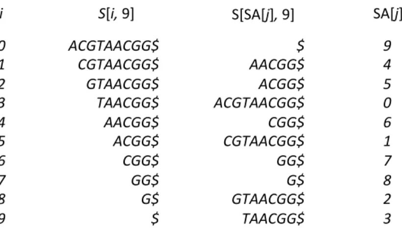 Figure  4.4:  A  suffix  array  SA  constructed  for  string  S = ACGTAACGG. The  lexicographical  sorting of the suffixes of S is given by S[SA[j], 9]