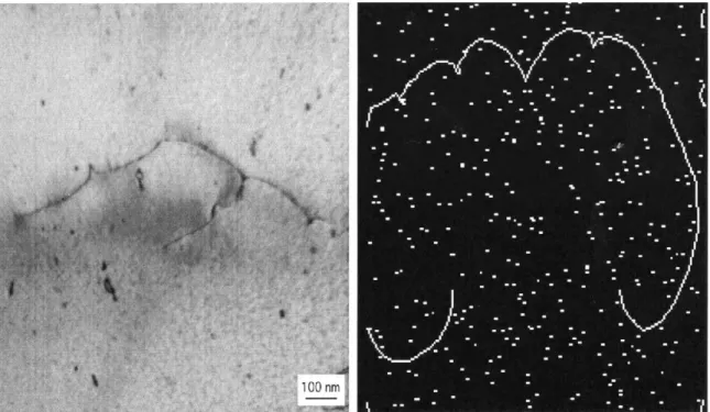 Figure 2.18  A dislocation line being pinned by defects, as seen by in a TEM image (left)  and as seen using a computer simulation [104]