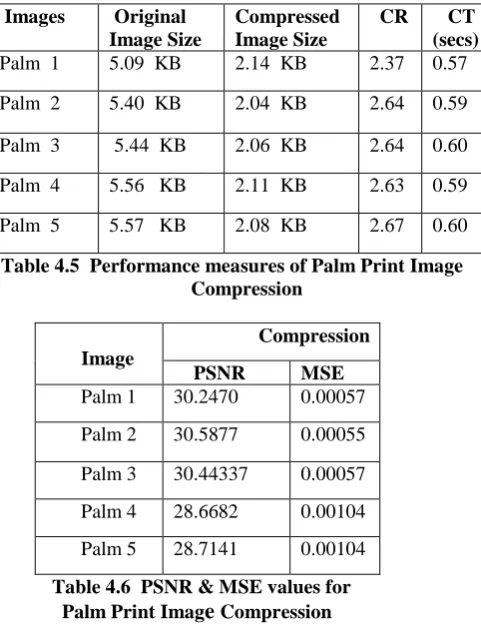 Table 4.5  Performance measures of Palm Print Image                              Compression 
