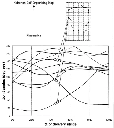 Figure 6.1. A schematic showing the compression of high-dimensional input kinematics (joint angles) acquired from a cricket fast bowler between back foot impact (0 %) and ball release (1 0 0%) on to a low-dimensional grid of map units or neurons, known as 