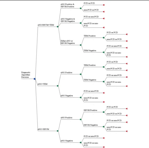 Fig. 1 Decision Tree diagram for the three different diagnostic algorithms for PCD. The decision tree begins from the left side and the decisionwhether to perform nNO + TEM, nNO + HSVM or nNO/HSVM+TEM