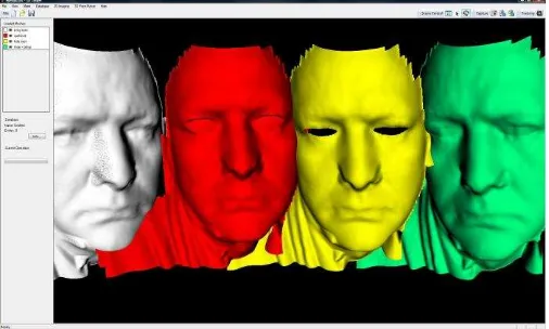 Figure 5: Comparative analysis of noise removal around the eyes. The white model shows the original mesh; red: fitting an elliptical mask around the eyes and filling with a spherical surface centered at 40mm behind the model; yellow: punching an elliptical