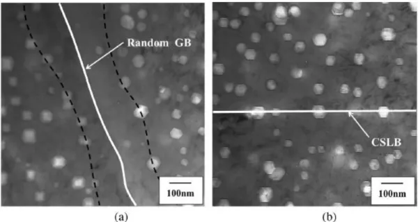 Figure 1.14 Void distributions in the Fe–15Cr–15Ni steel neutron-irradiated at 749 K to  18 dpa near the (a) random GB (b) CSLB