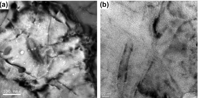 Figure 1.15 Under-focused bright field TEM images of the dual ion beam irradiated cavity  structures in (a) F82H and (b) MA957 irradiated to 42 dpa and 2100 appm He at 500 °C  (at 1000 nm from the surface) [64]