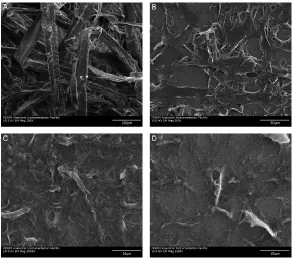 Figure 1.14. Scanning electron microscopy images of nanofibrillation of cellulosic fibers using a microgrinder for 0 hours (A); 0.25 hours (B); 6 hours (C) and 9 hours (D) [40]