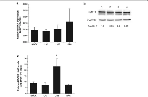 Fig. 5 DBCCR1-003 inhibits the growth of T24 cells. a Viable cell number was counted each day for 96 h in Lenti-DBCCR1-003 cells (L-D3) and T24 cells treated by DAC compared to the mock and Lenti-vector cells (L-C)