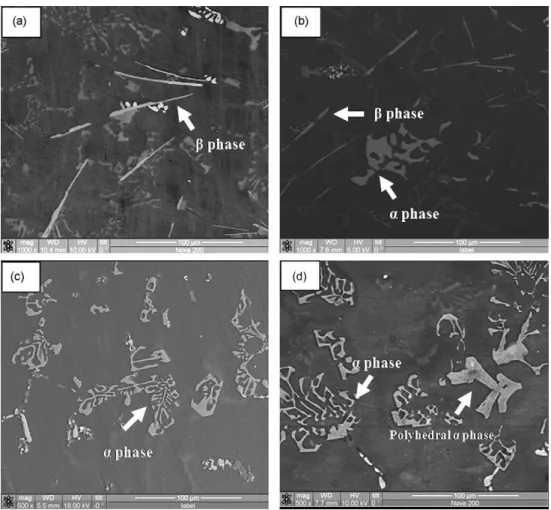 Fig. 2.17: SEM  backscattered  images  showing  the  effect  of  different  levels  of  Mn  content  on  the  formation  of  Fe-containing  IMCs  in  an  Al-Si-Cu  based  alloy