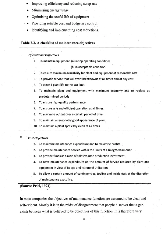 Table 2.2. A checklist of maintenance objectives