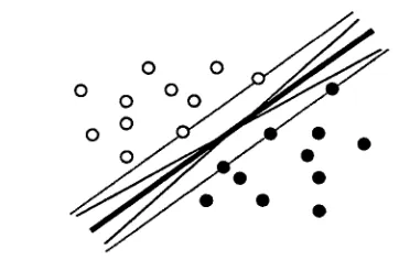 Figure 1: Separating hyperplanes (the set of solid lines), optimal separating hyperpIane (the bold solid line), and support vectors (data points on the dashed lines)