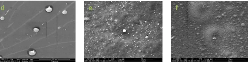 Fig. 4. SEM image of POT and doped POT (a) pure POT, (b) 5% cobalt’s chloride, (c) 10% cobalt’s chloride, (d) 20% cobalt’s chloride, (e) 30% cobalt’s chloride, (f) 40% cobalt’s chloride