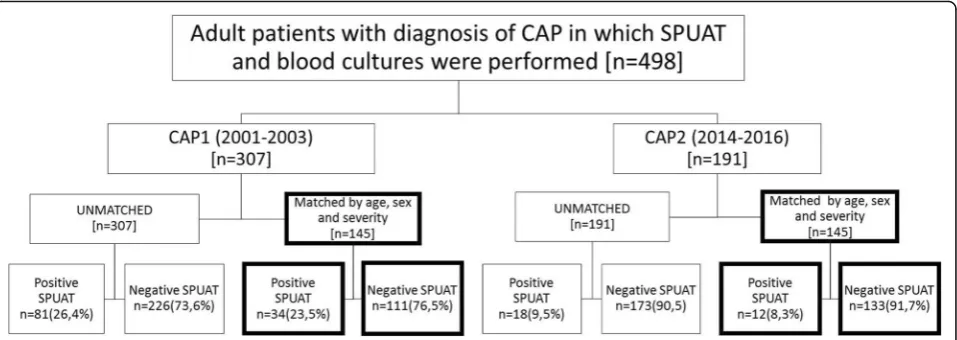 Fig. 1 Distribution of the patients in the cohorts CAP1 and CAP2 in general and considering the approaches analyzing both cohorts, unmatchedand matched